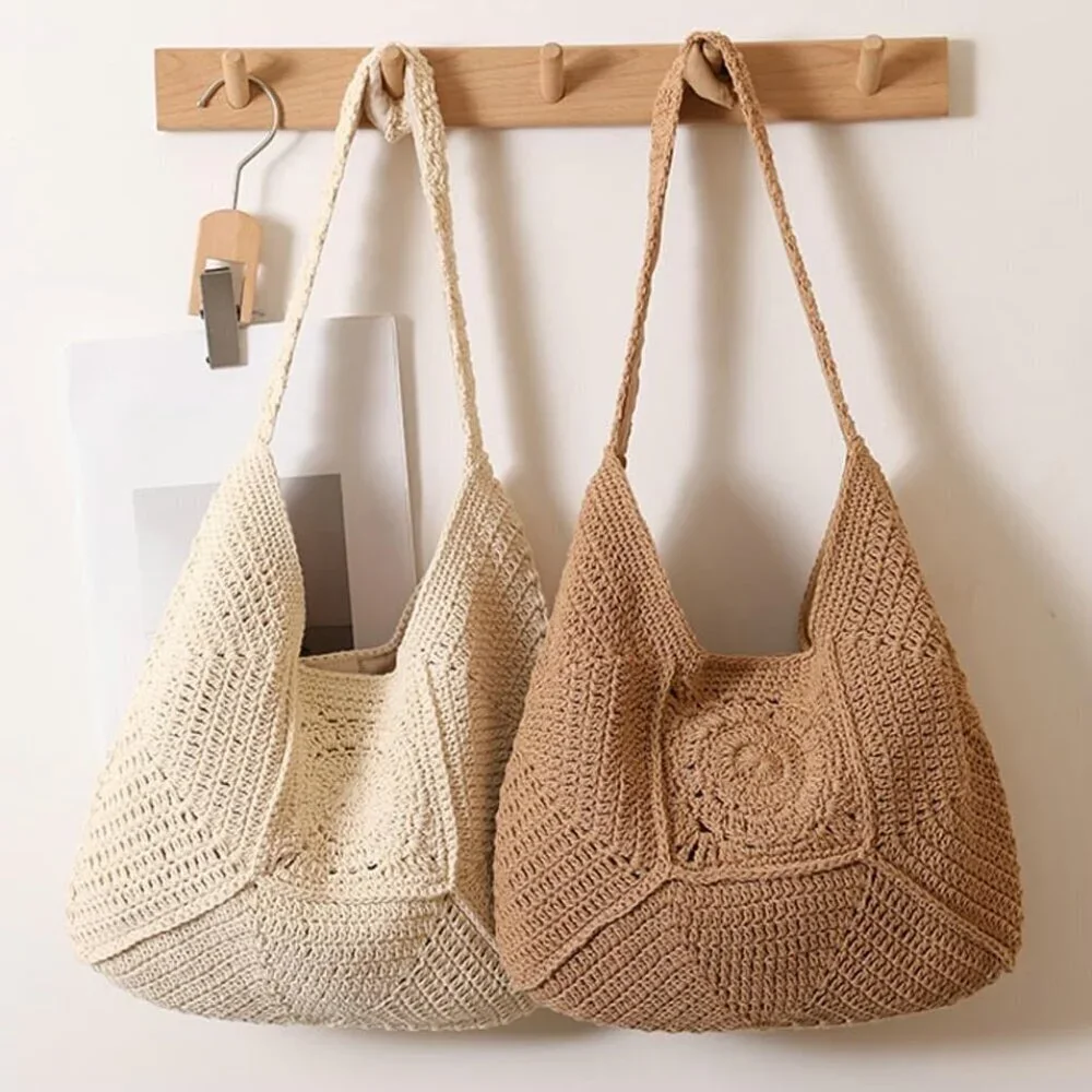 Women Straw Beach Bag Cotton Woven Tote Casual Summer Handbag Shoulder